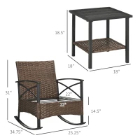 Outsunny 3 Piece Patio Rocking Chair Set, Outdoor Wicker Bistro Set with 2 Oversize Cushioned Porch Rockers and 2 Tier Coffee Table for Garden, Porch, Backyard, Blue(m-3)