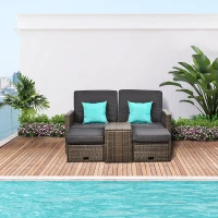 Outsunny 5 Pieces Wicker Patio Furniture Set with Cushions, Outdoor PE Rattan Sofa Set w/ Adjustable Chaise Lounge Chair, Storage Coffee Table, Ottomans, Dark Grey(m-1)