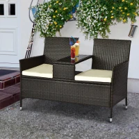 Outsunny 2 Seat Rattan Wicker Chair Garden Bench with Tea Table Backyard All Weather Padded Seat, Brown(m-1)