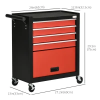 DURHAND 4-Drawer Tool Chest with 4 Wheels, Rolling Tool Box and Storage Cabinet, Portable Tool Organizer for Garage, Red(m-3)