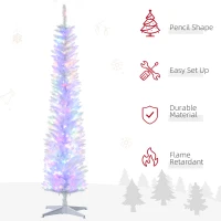 HOMCOM 7' Prelit Christmas Trees, Pencil Artificial Christmas Tree with Colorful Surface Branches, Colorful LED Lights, White(m-4)