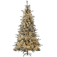 HOMCOM 7.5' Pre Lit Artificial Flocked Christmas Trees, with Snow Branches, Warm White LED Lights, Auto Open, Pine Cones(m-1)