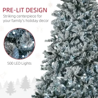 HOMCOM 7.5' Prelit Artificial Flocked Christmas Trees, with Snow Frosted Branches, Cold White LED Lights, Auto Open(m-6)