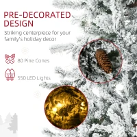 HOMCOM 7.5' Pre Lit Artificial Flocked Christmas Trees, with Snow Branches, Warm White LED Lights, Auto Open, Pine Cones(m-6)