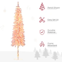 HOMCOM 7' Flocked Christmas Trees, Pencil Prelit Artificial Christmas Tree with Snow Downswept Branches, Pink(m-4)