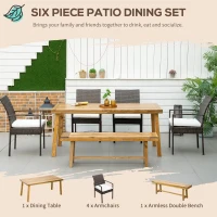 Outsunny Outdoor Dining Set for 6, Patio Dining Furniture Set with PE Wicker Chairs, Armrests, Acacia Wood Loveseat Bench & Dinner Table, Cushions, White(m-4)