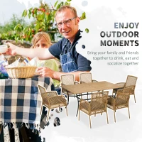 Outsunny 7 Pieces Outdoor Dining Set for 6, Wicker Rattan Patio Furniture Set, Patio Table and Chairs Set with Cushions, Plastic Wood Table Top, Conversation Set for Garden, Backyard, Deck, Tan(m-4)