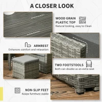 Outsunny Patio Dining Set, PE Rattan Furniture w/ 2 Chairs, Cushions & 3-Seat Sofa, Woodgrain Slatted Dinner Table, Mixed Gray(m-7)