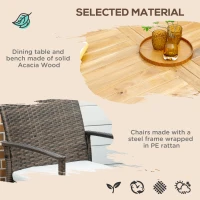Outsunny Outdoor Dining Set for 6, Patio Dining Furniture Set with PE Wicker Chairs, Armrests, Acacia Wood Loveseat Bench & Dinner Table, Cushions, White(m-5)
