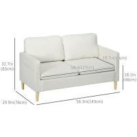 HOMCOM 56" 2 Seat Sofa, Modern Love Seats Furniture, Upholstered 2 Seater Couch with Side Pockets, Solid Steel Frame, White(m-3)
