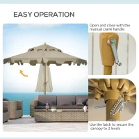 Outsunny 9' Patio Umbrella with Push Button Tilt and Crank, Double Top Ruffled Outdoor Market Table Umbrella with 8 Ribs, for Garden, Deck, Pool, Brown(m-5)