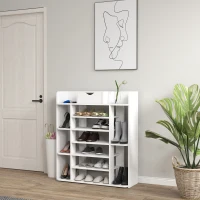 HOMCOM 7-Tier Shoe Rack, Shoe Storage Organizer with Drawer and 11 Open Shelves for 17 Pairs of Shoes, Space Saving Shoe Shelf for Hallway and Living Room, White(m-1)