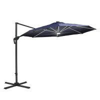 Outsunny 10ft Solar LED Cantilever Patio Umbrella, Aluminum Hanging Offset Umbrella Outdoor Sun Shade with 360 Degree Rotation, Lights, Tilt, Crank, Cross Base, Dark Blue(m-1)