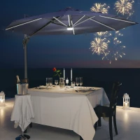 Outsunny 10ft Solar LED Cantilever Patio Umbrella, Aluminum Hanging Offset Umbrella Outdoor Sun Shade with 360 Degree Rotation, Lights, Tilt, Crank, Cross Base, Dark Blue(m-2)