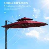 Outsunny 11ft Cantilever Patio Umbrella with Base, Double Top Hanging Aluminum Offset Umbrella with 360° Rotation, Easy Tilt, 8 Ribs, Crank, Cross Base for Backyard, Wine Red(m-6)