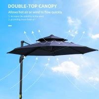 Outsunny 11ft Cantilever Patio Umbrella with Base, Double Top Hanging Aluminum Offset Umbrella with 360° Rotation, Easy Tilt, 8 Ribs, Crank, Cross Base for Backyard, Dark Blue(m-6)