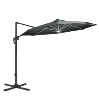 Outsunny 10ft Solar LED Cantilever Patio Umbrella, Aluminum Hanging Offset Umbrella Outdoor Sun Shade with 360 Degree Rotation, Lights, Tilt, Crank, Cross Base, Dark Gray(m-1)