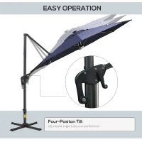 Outsunny 10ft Solar LED Cantilever Patio Umbrella, Aluminum Hanging Offset Umbrella Outdoor Sun Shade with 360 Degree Rotation, Lights, Tilt, Crank, Cross Base, Dark Blue(m-4)
