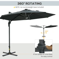 Outsunny 10ft Solar LED Cantilever Patio Umbrella, Aluminum Hanging Offset Umbrella Outdoor Sun Shade with 360 Degree Rotation, Lights, Tilt, Crank, Cross Base, Dark Gray(m-6)
