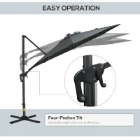 Outsunny 10ft Solar LED Cantilever Patio Umbrella, Aluminum Hanging Offset Umbrella Outdoor Sun Shade with 360 Degree Rotation, Lights, Tilt, Crank, Cross Base, Dark Gray(m-4)