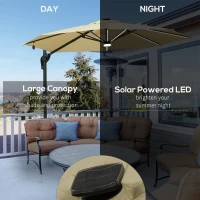 Outsunny 10ft Solar LED Cantilever Patio Umbrella, Aluminum Hanging Offset Umbrella Outdoor Sun Shade with 360 Degree Rotation, Lights, Tilt, Crank, Cross Base, Beige(m-5)