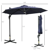 Outsunny 10ft Solar LED Cantilever Patio Umbrella, Aluminum Hanging Offset Umbrella Outdoor Sun Shade with 360 Degree Rotation, Lights, Tilt, Crank, Cross Base, Dark Blue(m-3)