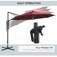 Outsunny 10ft Solar LED Cantilever Patio Umbrella, Aluminum Hanging Offset Umbrella Outdoor Sun Shade with 360 Degree Rotation, Lights, Tilt, Crank, Cross Base, Burgundy(m-4)