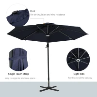 Outsunny 10ft Solar LED Cantilever Patio Umbrella, Aluminum Hanging Offset Umbrella Outdoor Sun Shade with 360 Degree Rotation, Lights, Tilt, Crank, Cross Base, Dark Blue(m-8)