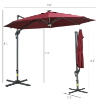Outsunny 10ft Solar LED Cantilever Patio Umbrella, Aluminum Hanging Offset Umbrella Outdoor Sun Shade with 360 Degree Rotation, Lights, Tilt, Crank, Cross Base, Burgundy(m-3)