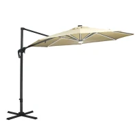 Outsunny 10ft Solar LED Cantilever Patio Umbrella, Aluminum Hanging Offset Umbrella Outdoor Sun Shade with 360 Degree Rotation, Lights, Tilt, Crank, Cross Base, Beige(m-1)