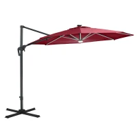Outsunny 10ft Solar LED Cantilever Patio Umbrella, Aluminum Hanging Offset Umbrella Outdoor Sun Shade with 360 Degree Rotation, Lights, Tilt, Crank, Cross Base, Burgundy(m-1)