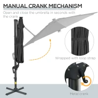 Outsunny 10ft Solar LED Cantilever Patio Umbrella, Aluminum Hanging Offset Umbrella Outdoor Sun Shade with 360 Degree Rotation, Lights, Tilt, Crank, Cross Base, Dark Gray(m-7)