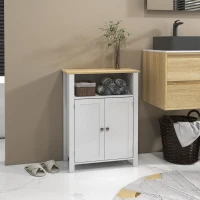 kleankin Bathroom Floor Storage Cabinet, Freestanding Bathroom Cabinet with Flat Doors, Open Shelf and Adjustable Shelf, White(m-1)