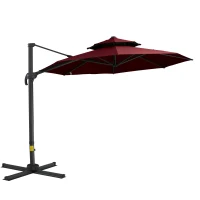 Outsunny 11ft Cantilever Patio Umbrella with Base, Double Top Hanging Aluminum Offset Umbrella with 360° Rotation, Easy Tilt, 8 Ribs, Crank, Cross Base for Backyard, Wine Red(m-1)