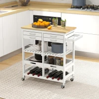 HOMCOM Kitchen Island with Storage, Bar Cart with 6-Bottle Wine Rack, Kitchen Cart with Natural Wood Top, 4 Drawers, 2 Removable Tray for Dining Room, Living Room, White(m-1)