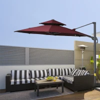 Outsunny 11ft Cantilever Patio Umbrella with Base, Double Top Hanging Aluminum Offset Umbrella with 360° Rotation, Easy Tilt, 8 Ribs, Crank, Cross Base for Backyard, Wine Red(m-2)