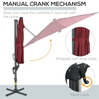 Outsunny 10ft Solar LED Cantilever Patio Umbrella, Aluminum Hanging Offset Umbrella Outdoor Sun Shade with 360 Degree Rotation, Lights, Tilt, Crank, Cross Base, Burgundy(m-7)