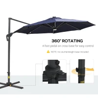 Outsunny 10ft Solar LED Cantilever Patio Umbrella, Aluminum Hanging Offset Umbrella Outdoor Sun Shade with 360 Degree Rotation, Lights, Tilt, Crank, Cross Base, Dark Blue(m-5)