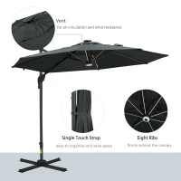 Outsunny 10ft Solar LED Cantilever Patio Umbrella, Aluminum Hanging Offset Umbrella Outdoor Sun Shade with 360 Degree Rotation, Lights, Tilt, Crank, Cross Base, Dark Gray(m-8)