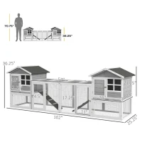 PawHut 102" 2 in 1 Wooden Rabbit Hutch, Double Main House Pet Playpen, Large Bunny House Enclosure for Indoor/Outdoor with 2 Run Boxes, No Leak Tray, and Ramp, for Guinea Pig and Small Animals, Gray(m-3)