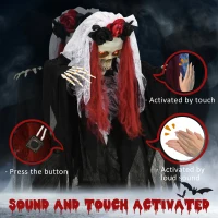 HOMCOM 39 Inch/3.5ft Life Size Outdoor Halloween Decoration Bride Skeleton with Red Hair, Animated Prop with Sound and Motion Activated, Light Up Eyes, Creepy Sound(m-6)