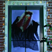 HOMCOM 39 Inch/3.5ft Life Size Outdoor Halloween Decoration Bride Skeleton with Red Hair, Animated Prop with Sound and Motion Activated, Light Up Eyes, Creepy Sound(m-9)