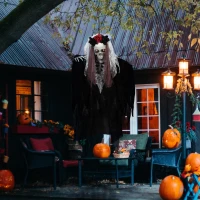 HOMCOM 39 Inch/3.5ft Life Size Outdoor Halloween Decoration Bride Skeleton with Red Hair, Animated Prop with Sound and Motion Activated, Light Up Eyes, Creepy Sound(m-1)