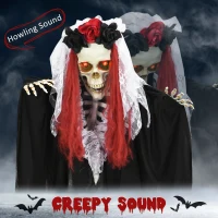 HOMCOM 39 Inch/3.5ft Life Size Outdoor Halloween Decoration Bride Skeleton with Red Hair, Animated Prop with Sound and Motion Activated, Light Up Eyes, Creepy Sound(m-4)