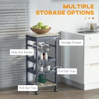 HOMCOM Rolling Kitchen Island Cart, Mobile Utility Storage Cart with Drawer, Wire Storage Basket, Removable Tray, Grey(m-4)