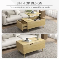 HOMCOM Coffee Table with Wood Legs, Lift Top Coffee Table with Drawer, Hidden Compartment, 38.6" x 21.3" x 18.9", Natural(m-4)