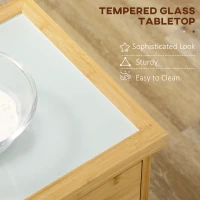 HOMCOM Bamboo Kitchen Island on Wheels, Rolling Kitchen Cart with Tempered Glass Top, 2 Drawers, Towel Racks, Open Compartments, Rattan Door Cabinet, Natural(m-7)