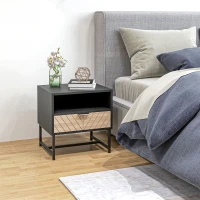 HOMCOM Modern Bedside Table with Drawer, Nightstand with Storage Shelf, Sofa End Table for Bedroom, Black and Oak(m-1)