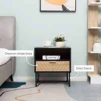 HOMCOM Modern Bedside Table with Drawer, Nightstand with Storage Shelf, Sofa End Table for Bedroom, Black and Oak(m-5)