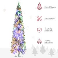 HOMCOM 6' Artificial Slim Christmas Trees, with Snow Frosted Branches, Warm White or Colorful LED Lights, Downswept Shape(m-6)